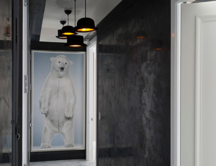 narrow mural with a polar bear in the hallway