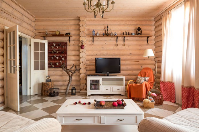 living room design in a wooden log house