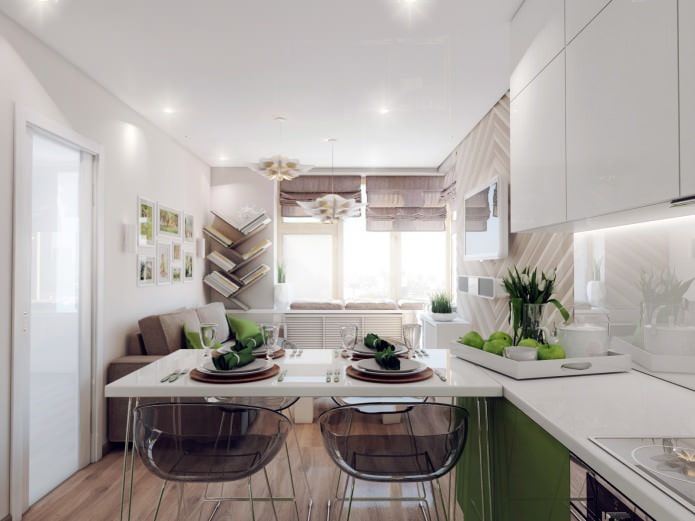 the design of the kitchen-living room of 18.62 square meters. m