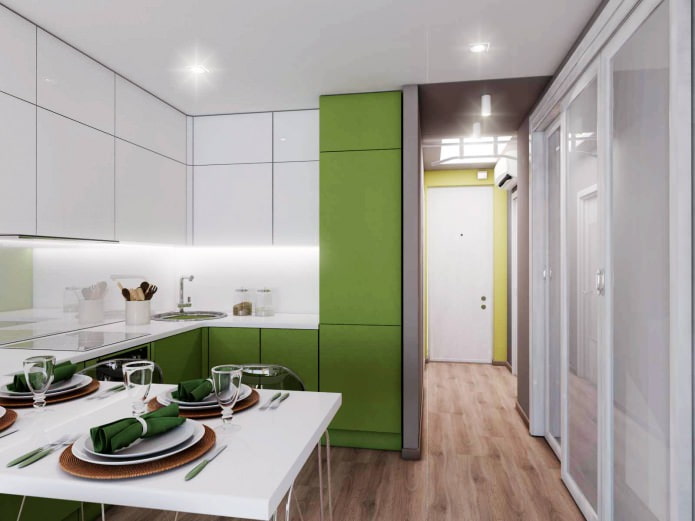 дизайнът на кухнята-хол с площ от 18,62 квадратни метра. м.