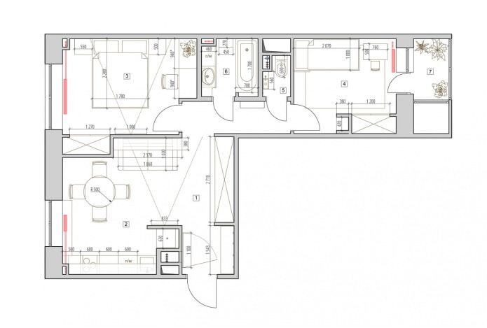 Dispozice dvoupokojového bytu 52 m2. m