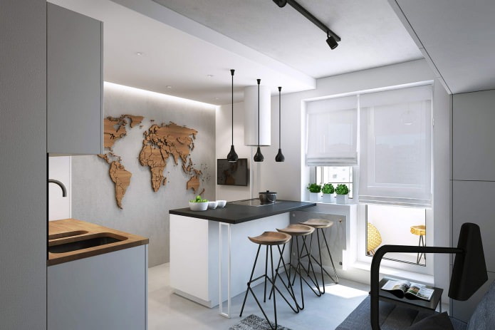 design obývacího pokoje v kuchyni ve studiový byt o rozloze 43 metrů čtverečních. m