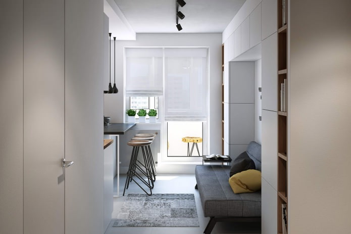 utformingen av kjøkken-stuen i en studioleilighet på 43 kvadratmeter. m.