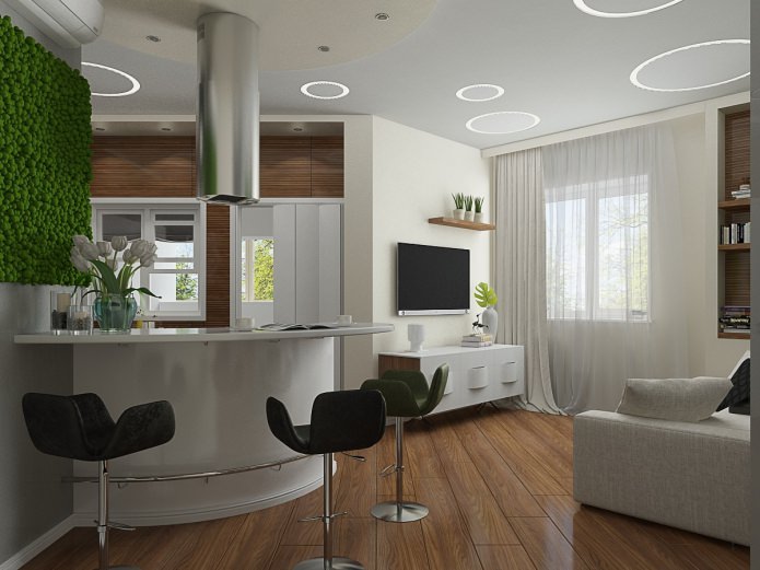 bucătărie-living în proiectul de design interior al apartamentului