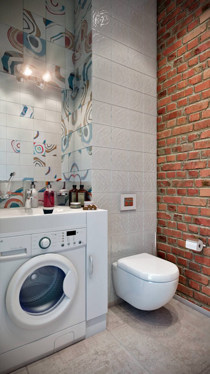 viesu vannas istabas interjers ar veļas mašīnu