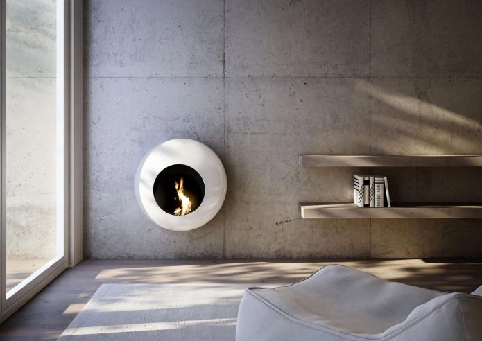 round bio fireplace in the living room interior