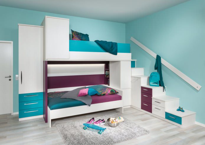 couleur turquoise dans une chambre d'enfant pour deux enfants