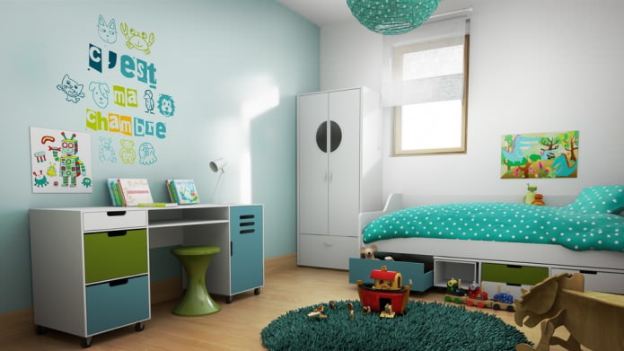 Türkisfarbenes Kinderzimmer für einen Jungen