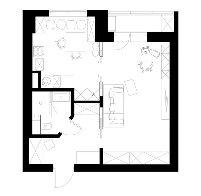 disseny d'un apartament d'estudi de 39 metres quadrats. m