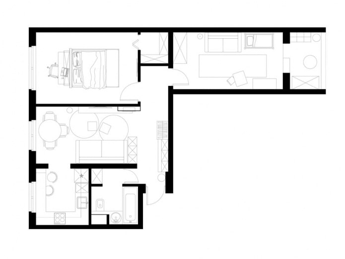 Ombygging av en treroms leilighet på 60 kvadratmeter. m. i et hus av type serie II-49