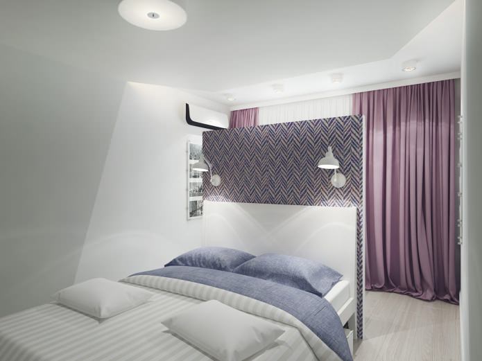 Interiér ložnice s fialovými závěsy