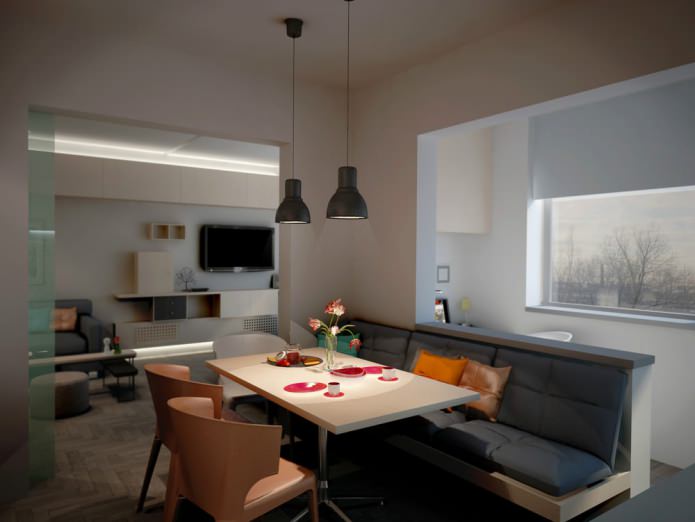 Design einer Küche kombiniert mit einem Balkon in einem Studio-Apartment der P-44-Serie