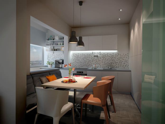 projekt kuchni połączonej z balkonem w apartamencie typu studio z serii P-44