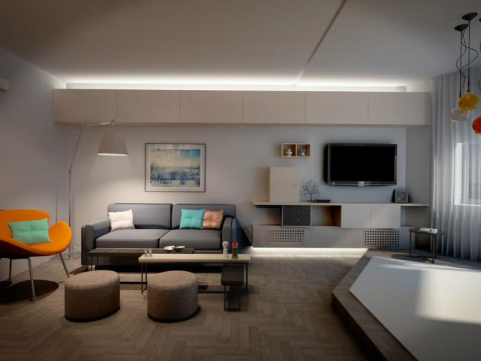 living room design in a studio apartment of the P-44 series