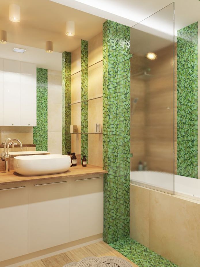 vonios kambario interjeras rudai žalios spalvos