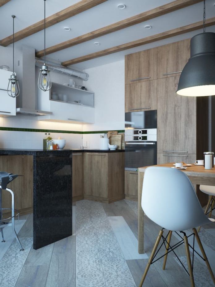 virtuvės dizainas su medinėmis sijomis