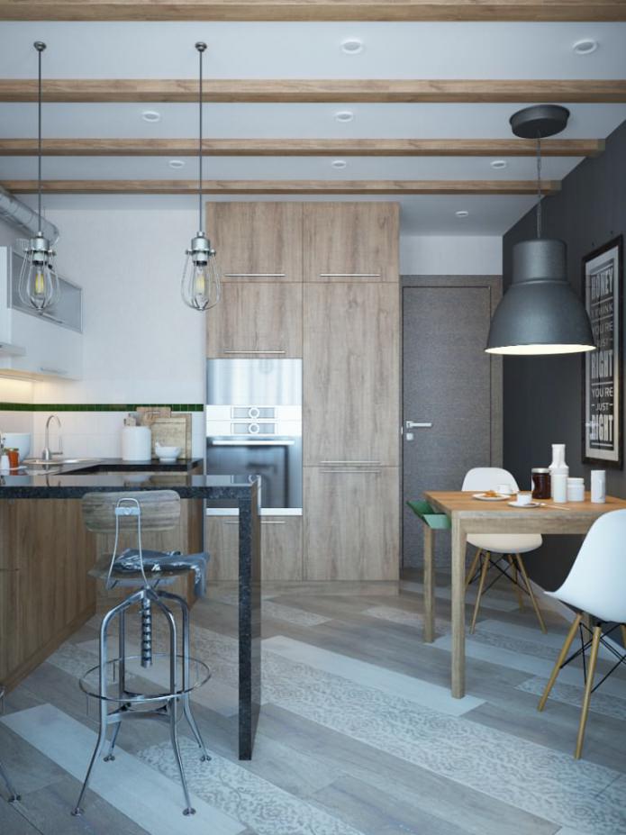 design de bucătărie cu grinzi de lemn