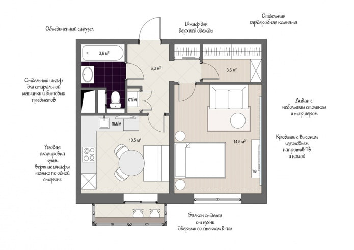 Plan für die Anordnung von Möbeln in einer Einzimmerwohnung von 38 Quadratmetern. m. im Haus der KOPE-Serie