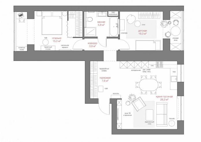 Diseño de un apartamento de tres habitaciones de 80 metros cuadrados. m. con muebles