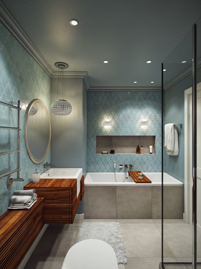 Interiér kúpeľne s vaňou a sprchovacím kútom