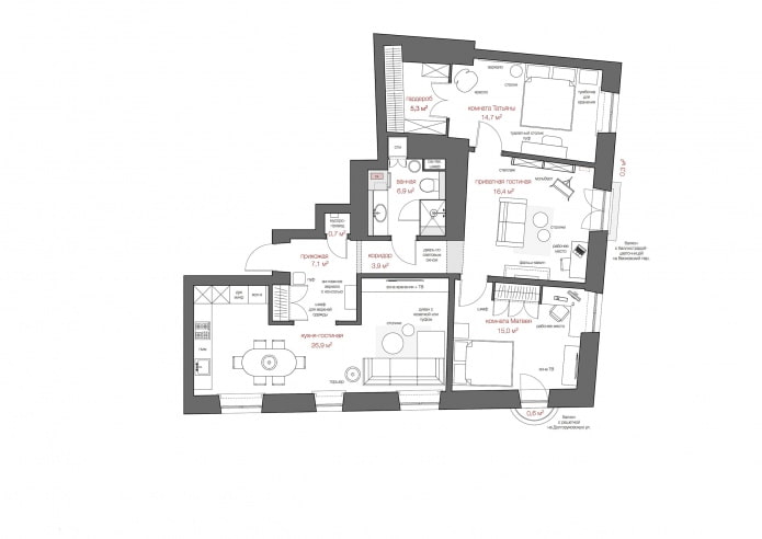 Grundriss der Wohnung ist 100 Quadratmeter. m