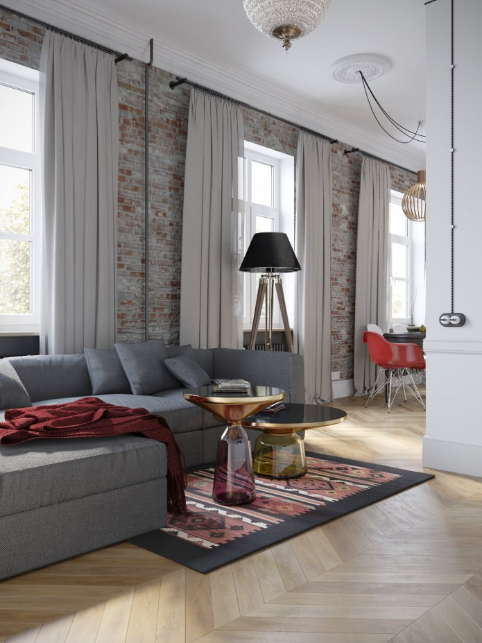 Cocina-sala de estar en el proyecto de diseño del apartamento es de 100 metros cuadrados. m