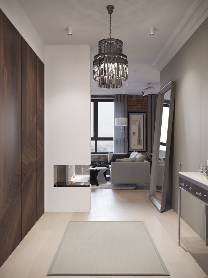 design de corredor combinado com sala de estar com lareira