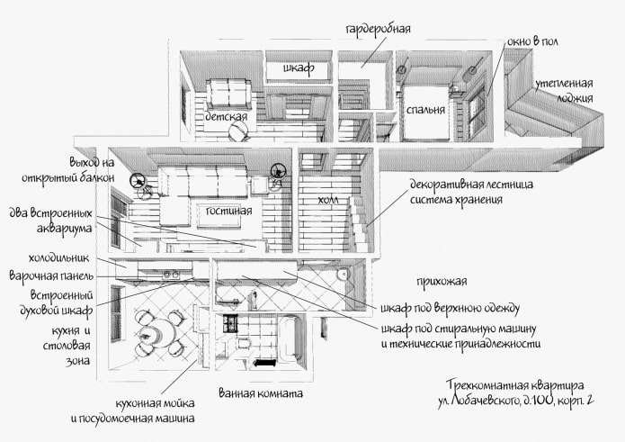 Layout mit der Anordnung der Möbel einer 3-Zimmer-Wohnung im Haus der P-3-Serie