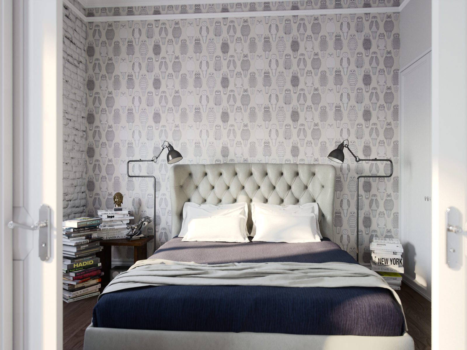 sovrum design med grå tapet