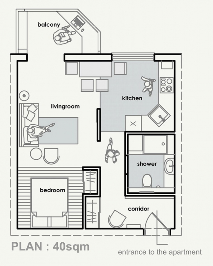 la disposition de l'appartement est de 40 mètres carrés. m