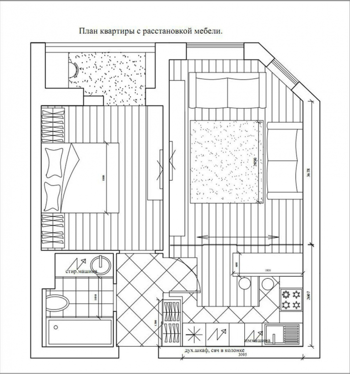 Aufteilung einer Zweizimmerwohnung von 50 Quadratmetern. m