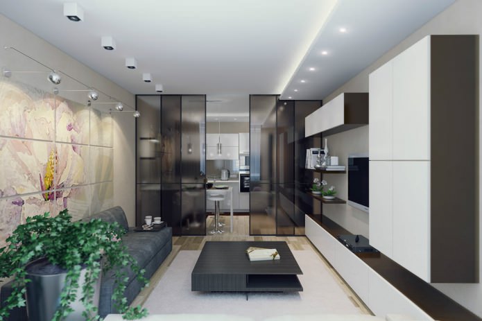 El interior de la cocina-sala de estar en un estilo moderno.