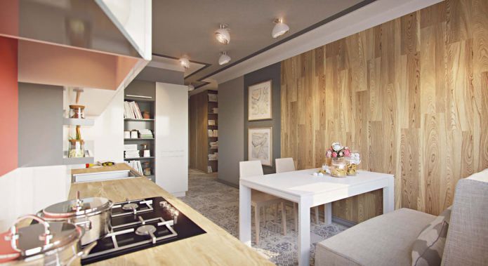 virtuvė projektuojant studijinį butą, kurio plotas yra 43 kvadratiniai metrai. m