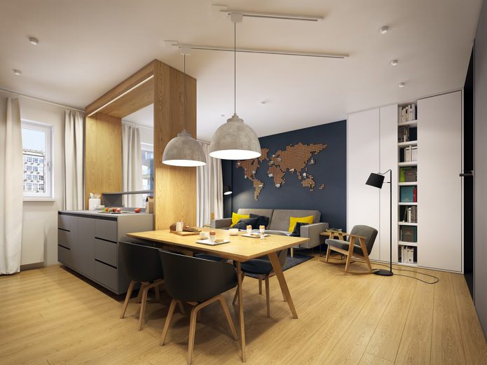 La conception de la cuisine-salon de l'appartement