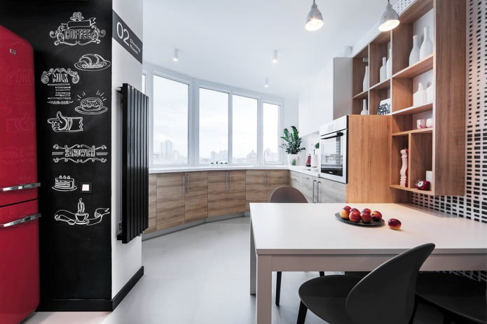 Designet af køkken-stuen i lejligheden