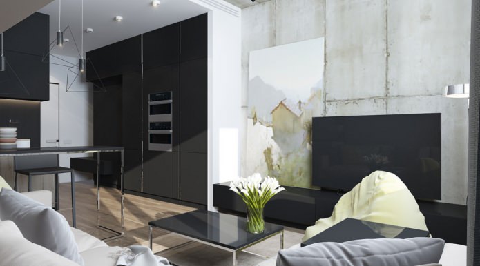 Design moderne d'un salon combiné avec une cuisine dans un studio