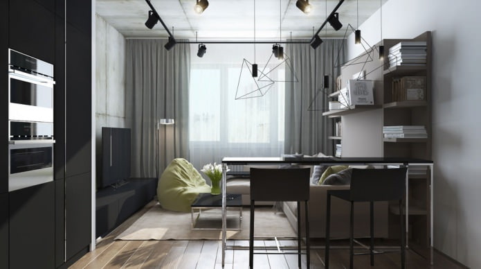 Reka bentuk moden ruang tamu yang digabungkan dengan dapur di pangsapuri studio