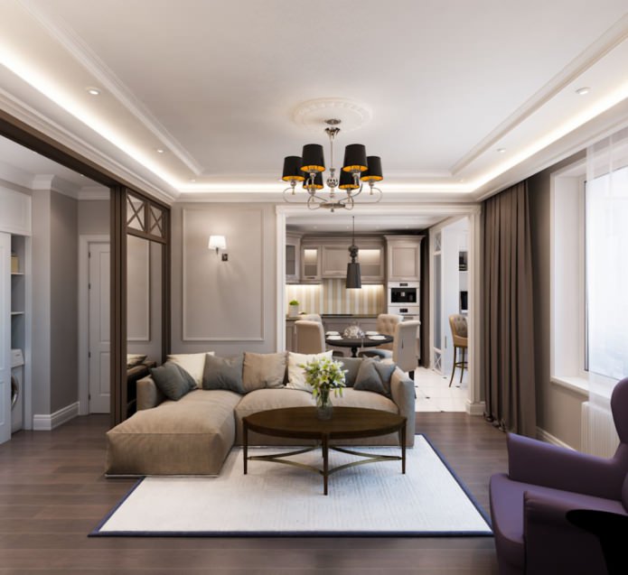 project of a two-room apartment in brown and beige colors