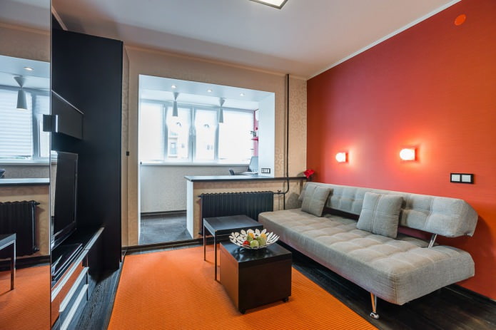 viesistaba studijas tipa dzīvokļa interjerā mūsdienīgā stilā