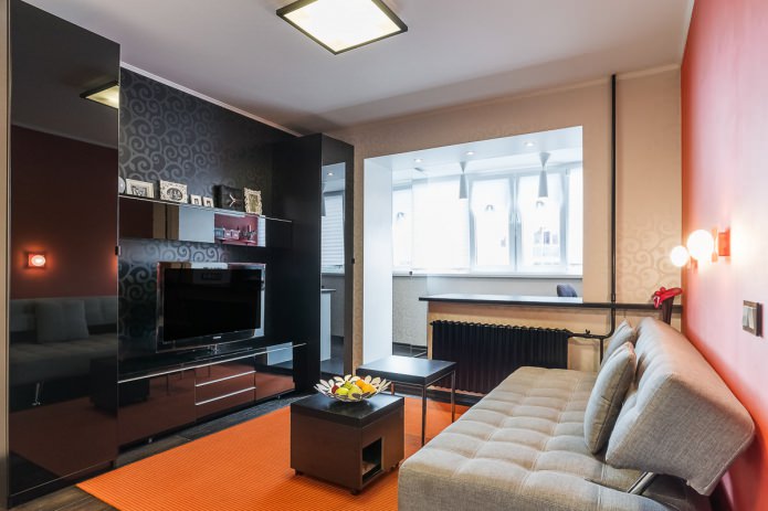 gyvenamasis kambarys modernaus stiliaus studijinio buto interjere