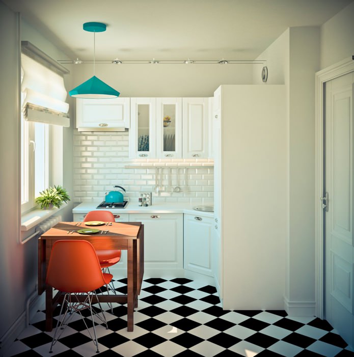 virtuve stūra studijas tipa dzīvokļa projektā 32 kvadrātmetru platībā. m