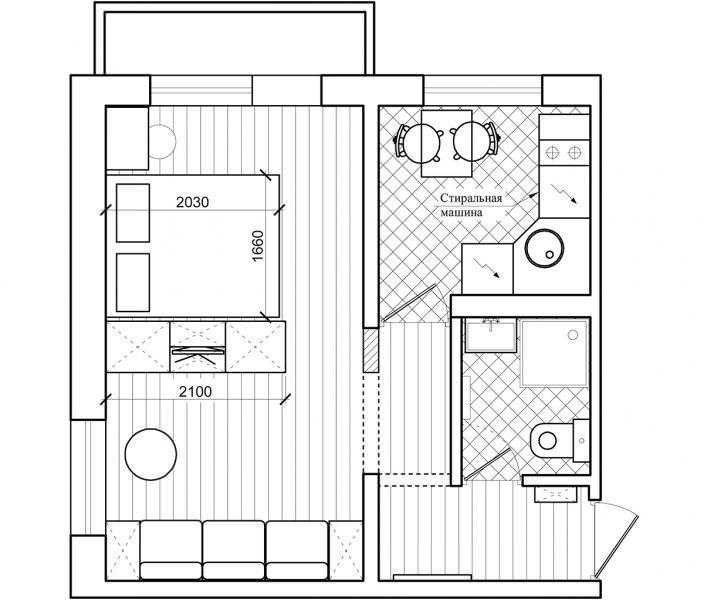 layout av en hörnstudiolägenhet 32 ​​kvadratmeter. m.