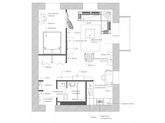 studijas tipa dzīvokļa izkārtojums 56 kvadrātmetru platībā. m