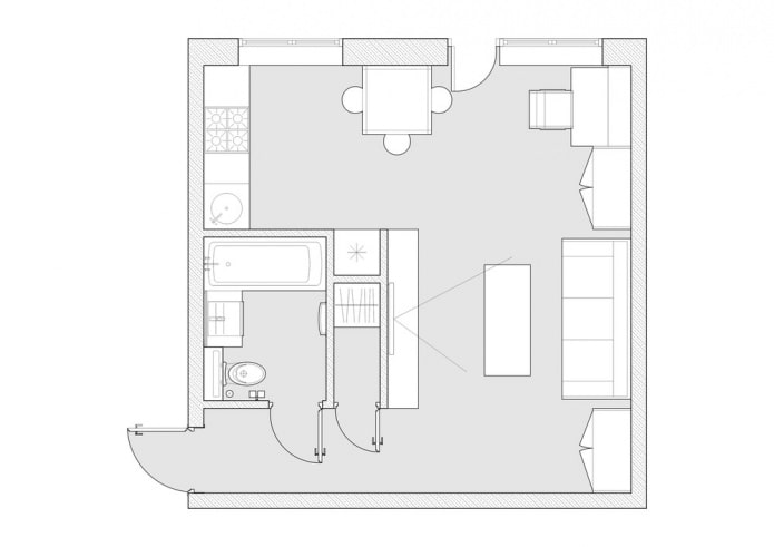 utforming av en ett-roms leilighet, Khrusjtsjov, 30 kvadratmeter. m.