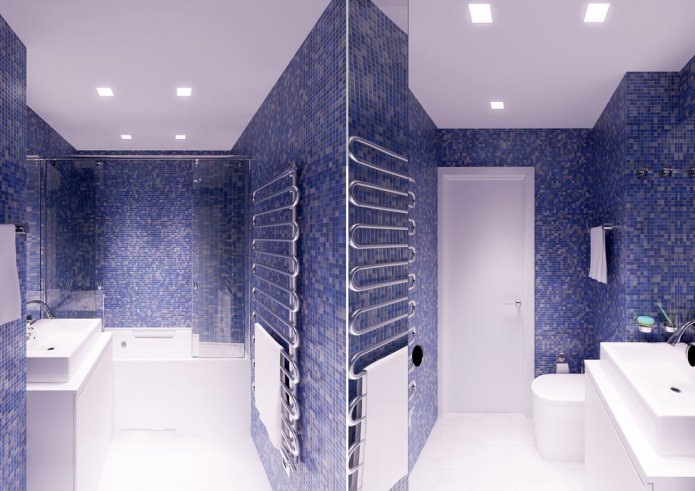 hvidt og blåt badeværelse