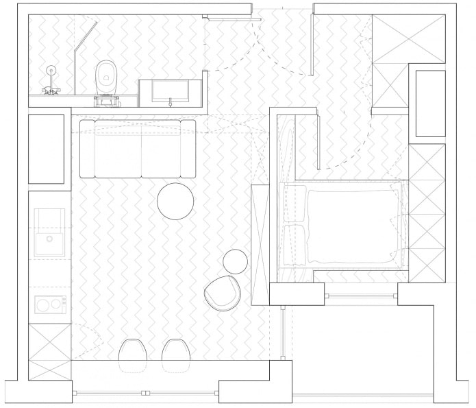Studijas tipa dzīvokļa izkārtojums 40 kvadrātmetru platībā. m
