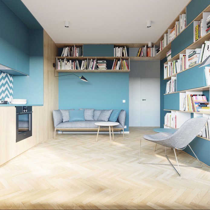 Design de apartamento de 40 m2 m nas cores branca e turquesa