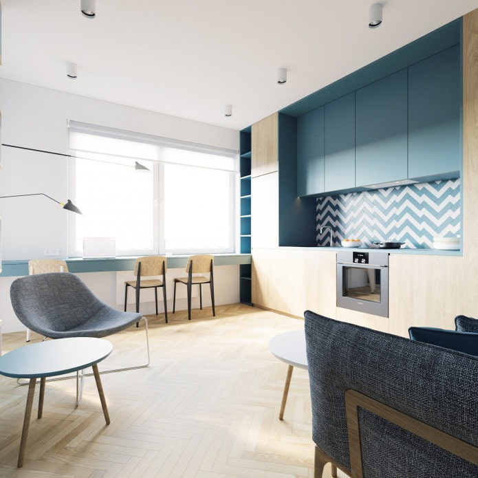 virtuve studijas tipa dzīvoklī 40 kvadrātmetru platībā. m tirkīza krāsās