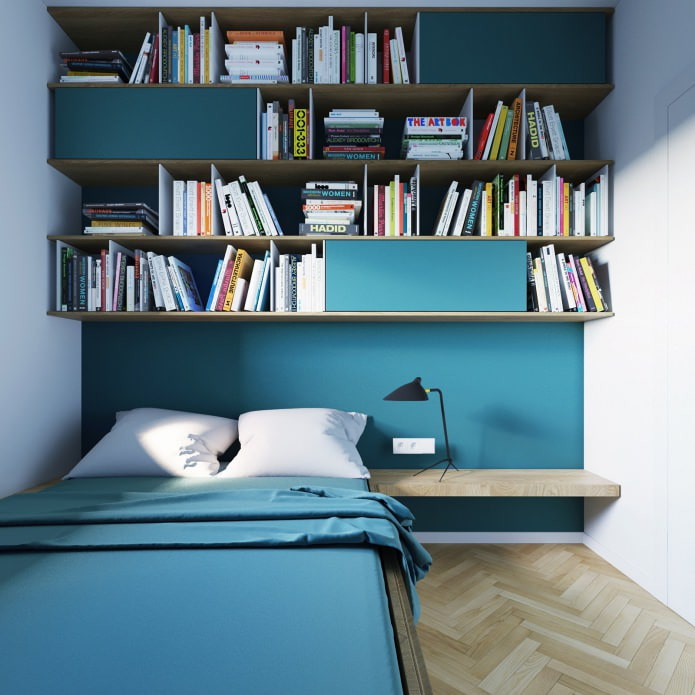 design av ett sovrum i turkosa färger i en studiolägenhet