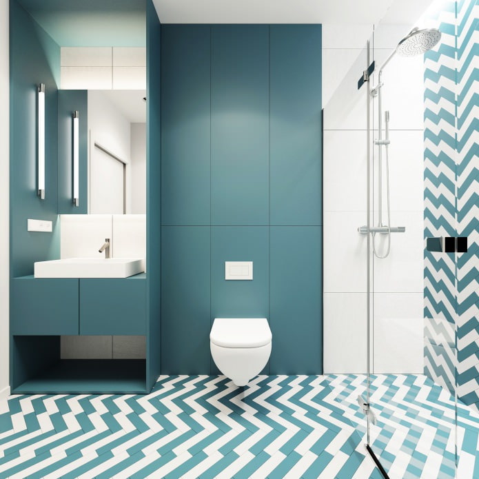 design do banheiro nas cores branco e turquesa